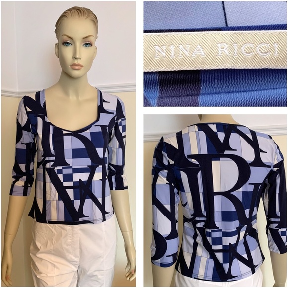 Nina Ricci Signature Monogram Top Nylon Blend Blue & Cream Made in Italy Sz 42 - Picture 1 of 9
